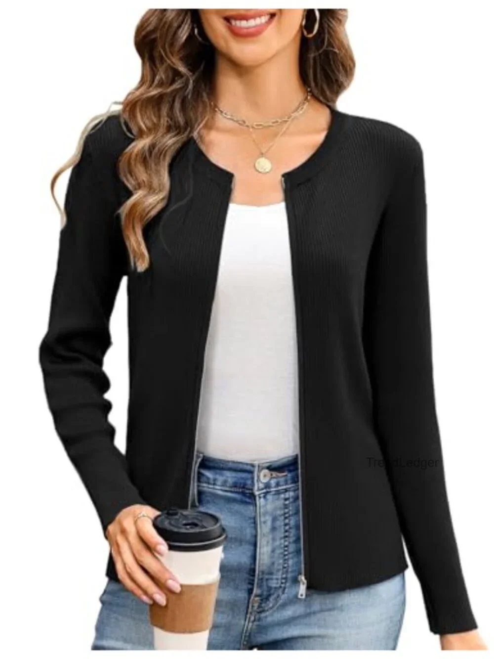 Women's Long Sleeve Zip Up Knit Cardigan Lightweight Crew Neck Sweater Jacket
